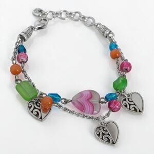 Brighton Deco Bright Double Chain Bracelet Pastel Art Glass Beads Heart Retired